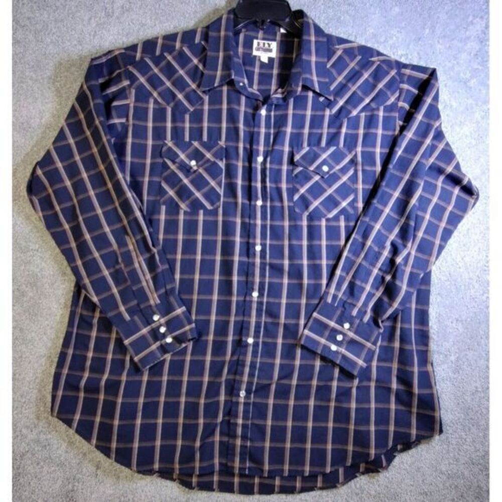 Ely Cattleman Vintage 1980s Men's XXL Blue‎ Western Pearl Snap Long Sleeve Shirt